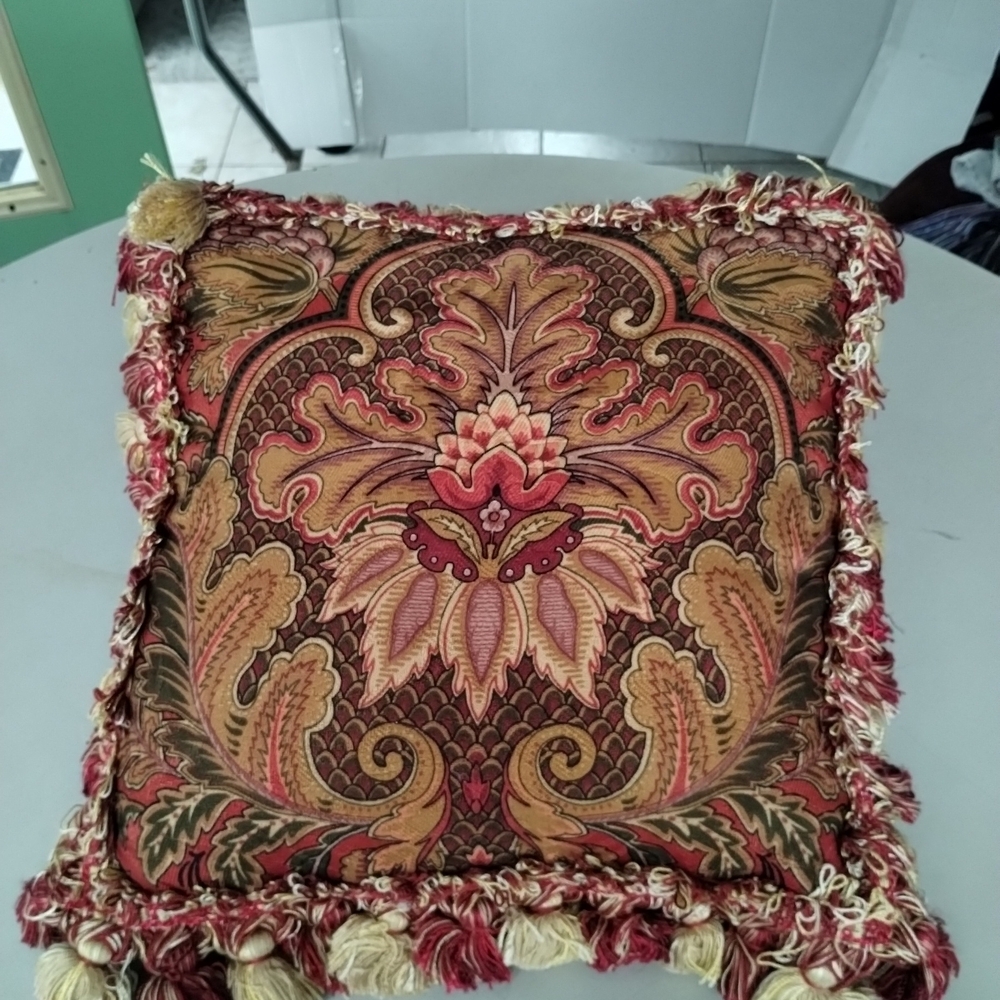 Raymond Waites Elegant Paisley Floral Accent Pillow Red & Brown W/ Tassels Chic